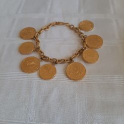 Gold Vermil Sterling Silver Euro Coin Charm Bracelet 