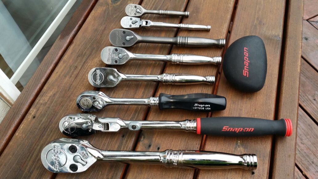 (9) snapon professional Ratchets, S80A,FHX80, F80, F936, GF936, LSF7208, TF936, GT936, Ratchet, Palm Style, Black, 2 5/8"