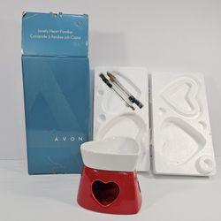 Avon 2007 Lovely Heart Fondue Set New Open Box, Red & White Ceramic, 2 Forks, Gift