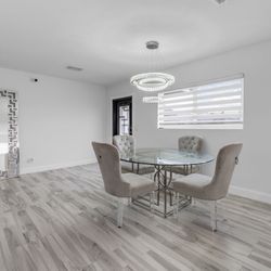 – Z Gallerie Glass Round Dining Table + 4 Chairs