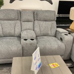 Grey Blue Electric Reclining Loveseat With Phone Plug In $2,899 Now $1,279 (Best Prices In The City)