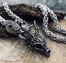 30 Inch Heavy Mens Vikkng Dragon Wolf Pendant Necklace Chain Set