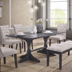 Grey Dining Table • Linen Tufted Dining Chairs • Bench (((CLEARANCE $599)))