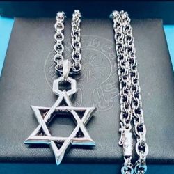 Chrome Hearts Style Star Of David Pendant With 24” Link Paper Chain Necklace