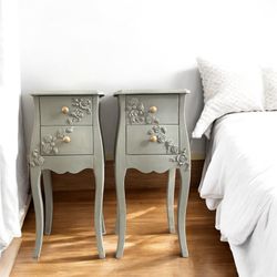 Nightstands / End Tables / Transitional / Taupe and Gold / Hand applied Floral Resin / Unique 