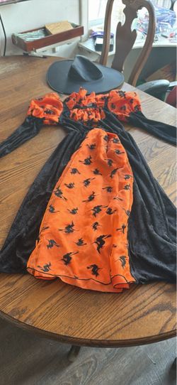 Girls Halloween Witch Costume Dress & Hat Orange Black Long Sleeves
