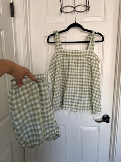 Green Gingham Two-Piece Top and Shorts Set