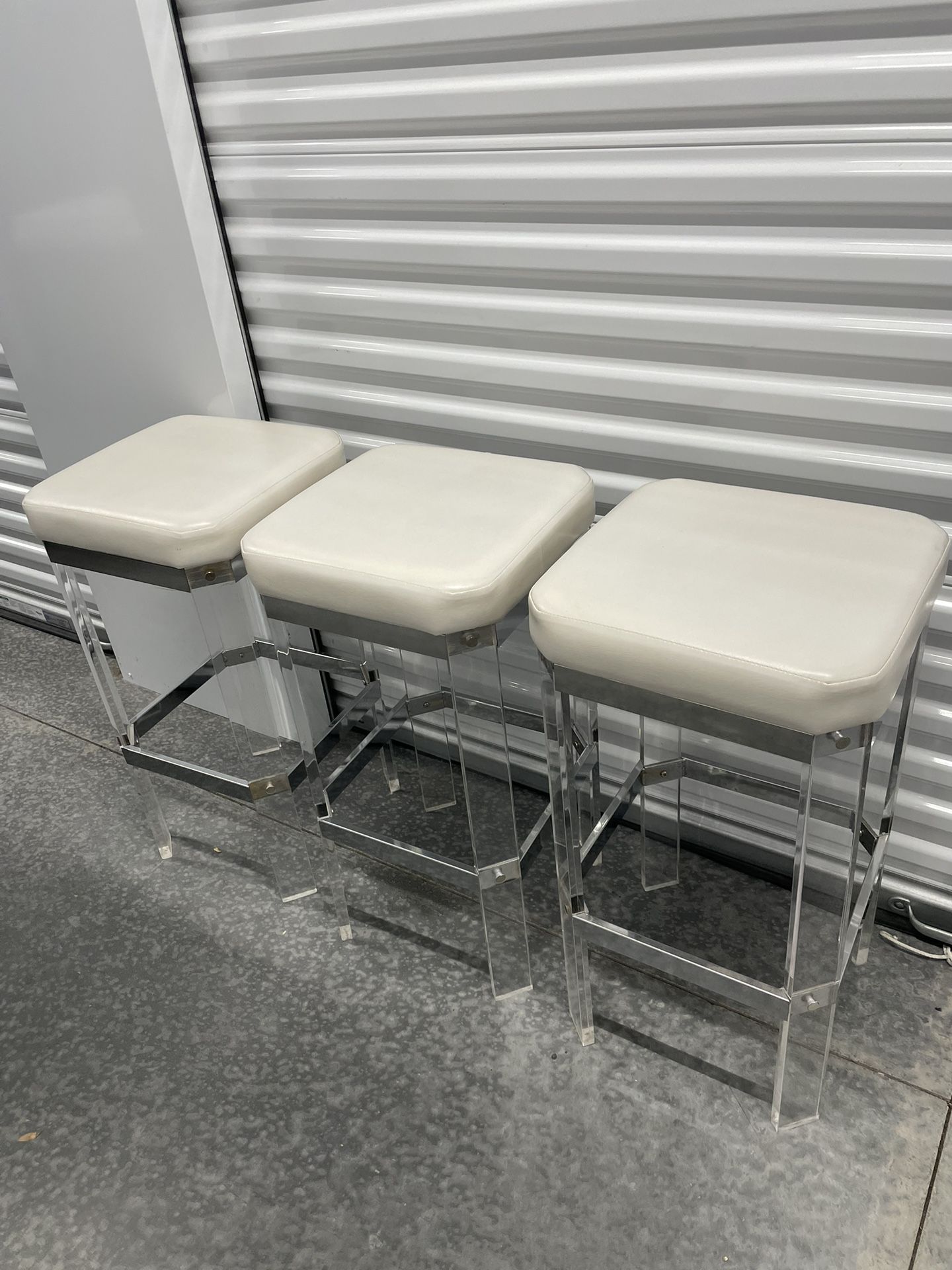 Set of 3 Acrylic & Chrome Bar Stools – White Cushions – 32” Seat Height