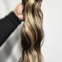 20" Synthetic Hair Clip Ins Hair Extensions New Iron Friendly  Brown Blonde Highlights