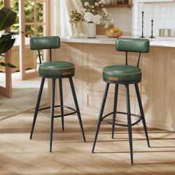 Bar Stools Set of 4. Swivel Bar Height Bar Stools with Back, Synthetic Leather with Stitching, Mid-Century Modern, 30-Inch Tall Barstools, Forest Gree
