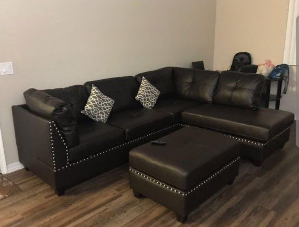 Brand New Espresso Color Bonded Leather Sectional Sofa Couch +Ottoman