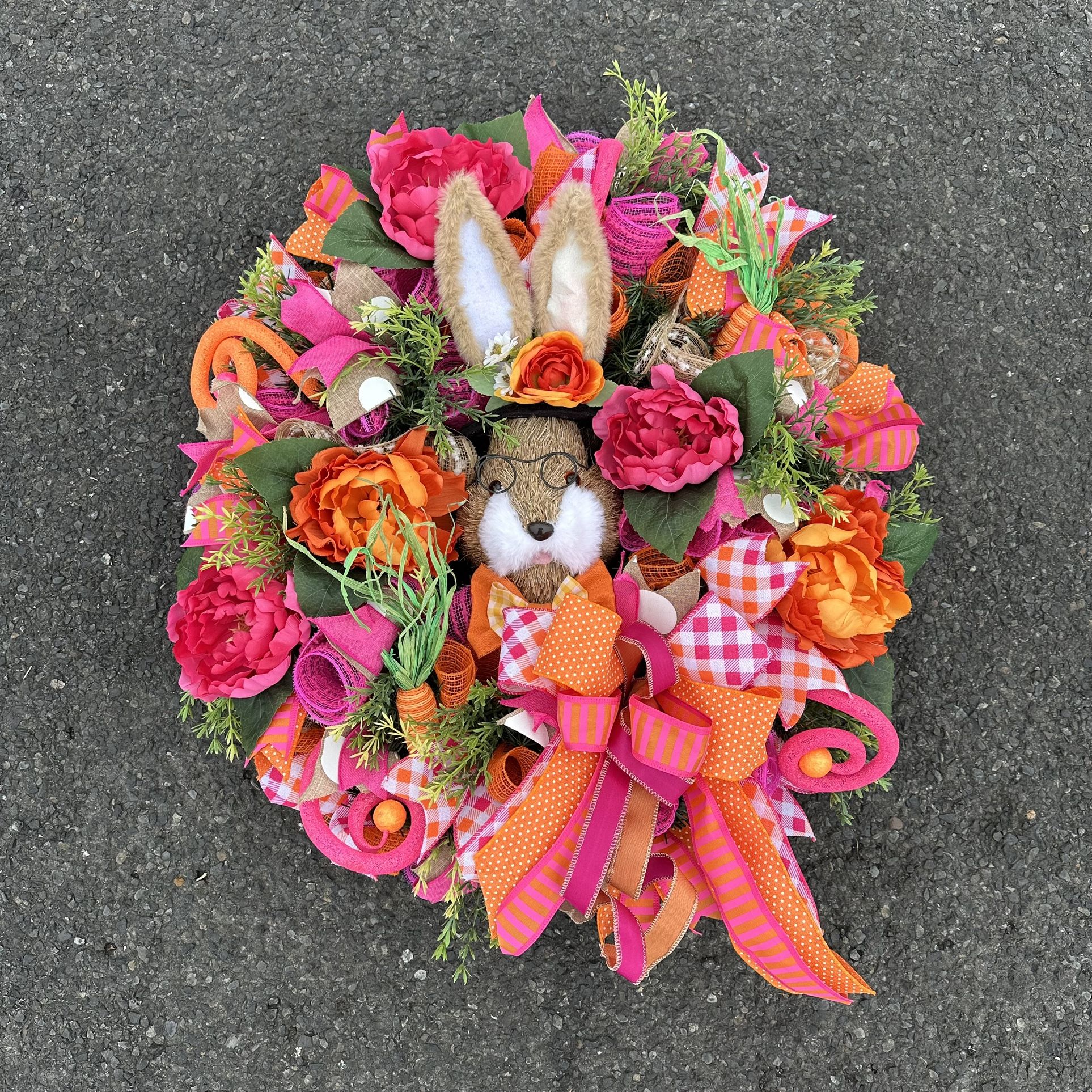Easter Bunny Wreath Wall Hanging Front Door Spring Rabbit Floral Pink Orange 22"