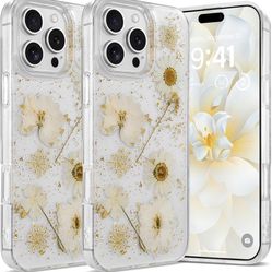 Floral Case for iPhone 16 Pro Max Clear Case with Real Dried Flower Patterns, Glitter Cute Flowers Design for Women Girls Slim Soft Edge Shockproof Ph