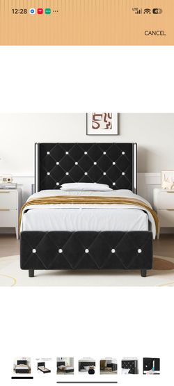 Twin Bed Frame with Diamond Tufted Headboard, Black