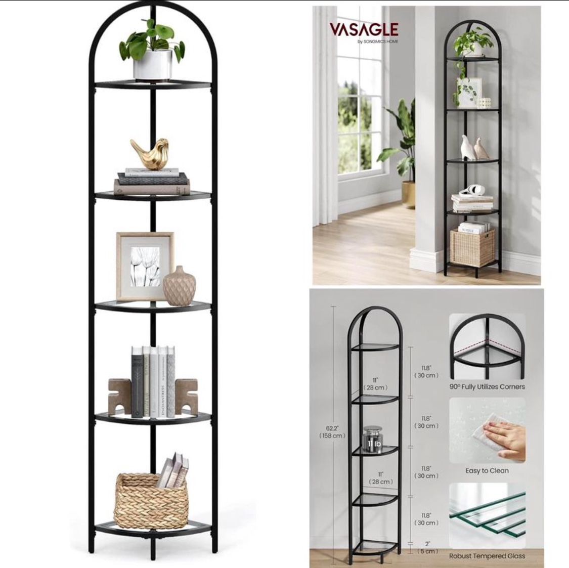 5-Tier Corner Shelf Stand, Corner Bookshelf, Bathroom Organizer, Plant Stand, Tempered Glass, Steel Frame, Modern Style, for Living Room,