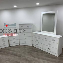 DRESSER WITH MIRROR, CHEST AND TWO NIGHSTANDS 