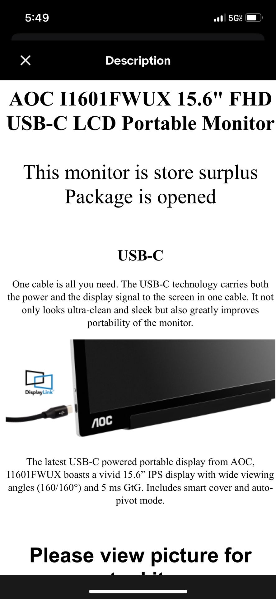 AOC I1601FWUX 15.6" FHD USB-C LCD Portable Monitor