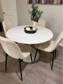 Round Marble-Top Dining Table with 4 Chairs