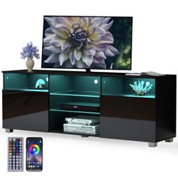 High Glossy LED Black TV Stand for 55/60/65 inch TV,Modern LED Entertainment Center with Adjustable Storage Shelves,Game Console Entertainment Center,