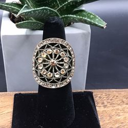 Vintage Copper Rhinestone and Faux Diamond Ring - Size 6.5
