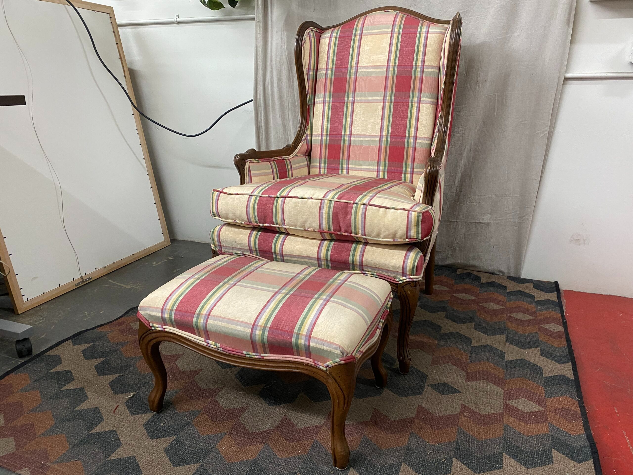 Plaid Upholstered Wingback Chair w/ Carved Wood Frame & Footstool