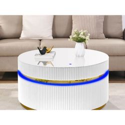 39" Round White Coffee Table with Glass Top and LED Lights