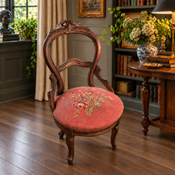 Romantic Antique Victorian Accent Chair – Carved Balloon Back, Pink Rose Needlepoint