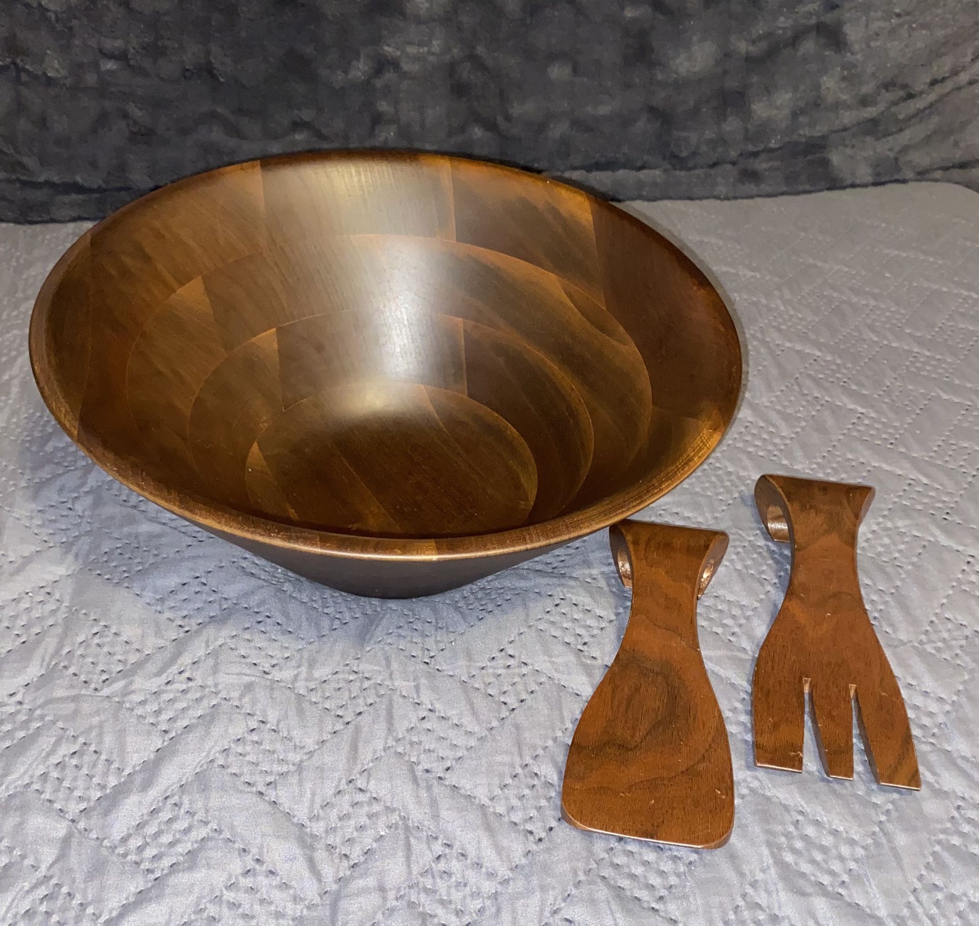 Vermillion Walnut MCM Salad Bowl and Serving Spoons