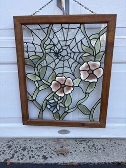 Hanging Decorative Stained Glass Window Panel Pink Floral Blossoms Spider Spiderweb