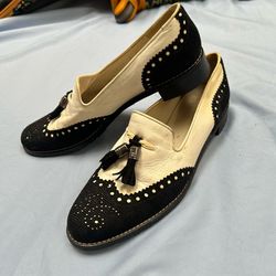 Stuart Weitzman Tassel Loafers Size 8 Black Cream Leather