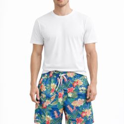 Men’s Tropical Hawaiian Swim Trunks Blue Floral Beach Shorts Elastic Waist 