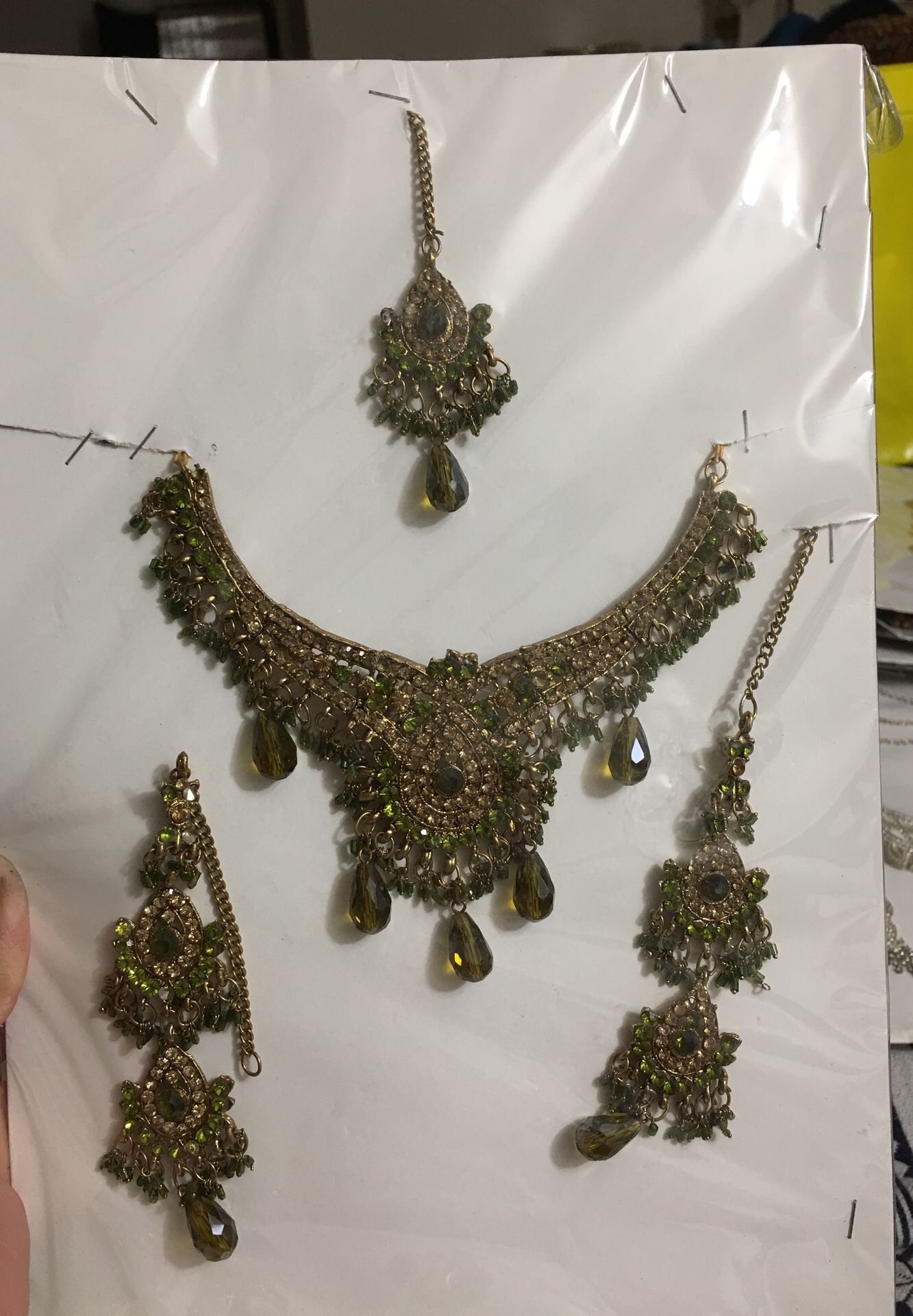 Indian bridal / party wears jewelry set for Head set long earrings and neck covering set. New golden, green and light Green olive color beats.Gold