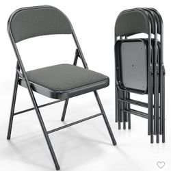 4 Pack Folding Chairs with Padded Seats, Metal Frame with Fabric Seat & Back, Capacity 350 Ibs, Gray, Set of 4