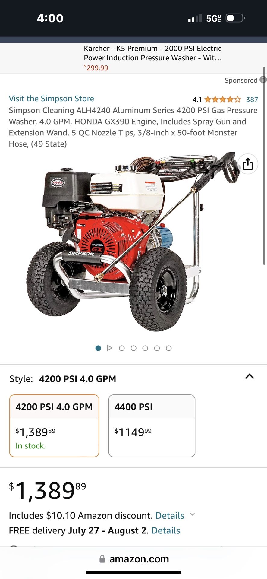 Simpson Cleaning ALH4240 Aluminum Series 4200 PSI Gas Pressure Washer, 4.0 GPM, HONDA GX390 Engine, Includes Spray Gun and Extension Wand, 5 QC Nozzle