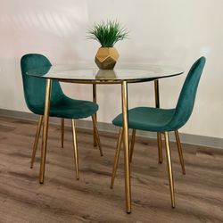 Emerald Green Gold Velvet Glass Dining Set For 2