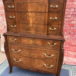 Antique Tall Dresser Solid Wood Inlay French Provincial 