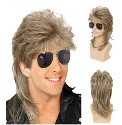 Sallcks Mens Mullet Wig Blonde Curly 1970s 1980s Halloween Costumes Punk Rocker Wig Disco Fancy Party Wigs for Men