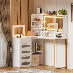 Makeup Vanity Dressing Table and 2 Drawers & Cushioned Stool & Storage Shelves for Women Girls