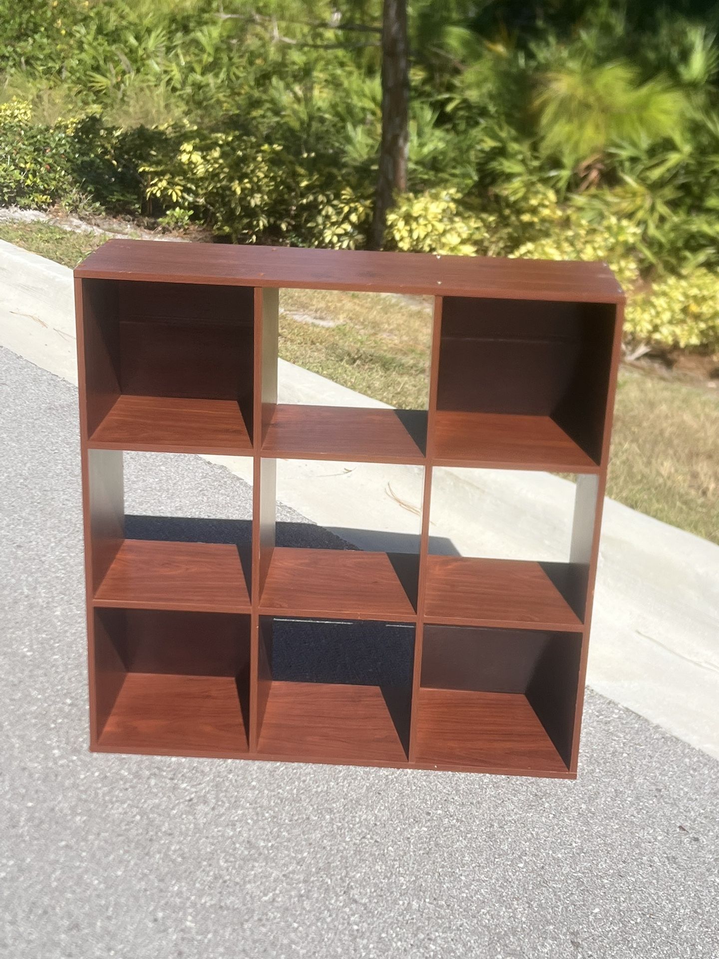 Cubeicals 35.86 in. H x 35.86 in. W x 11.63 in. D Dark Cherry Laminate 9-Cube Storage Organizer. Good condition. Location below  31705 Wesley Chapel b