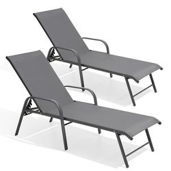New Set of 2 Aluminum Patio Chaise Lounge Chair Folding Outdoor Recliners, Gray