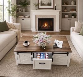 Coffee Table with Fridge Included, Farmhouse Sliding Barn Door Center Table K-50