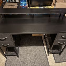 Neesha Desk with LED Lights, Computer Desk with Storage, Corner Desk with Drawers, Home Office Desk with Shelves, Writing Desk with 4 File Drawers, Ga