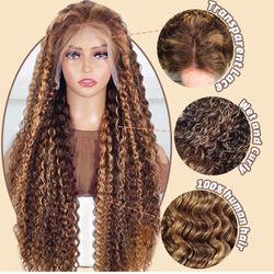 NEW/SEALED Honey Blonde 13x6 Deep Wave Lace Front Wigs Human Hair 22 inch 4/27 Highlight Ombre Deep Wave HD Transparent Lace Front Wigs Pre Plucked 20
