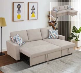 Beige microfiber sectional sleeper sofa couch