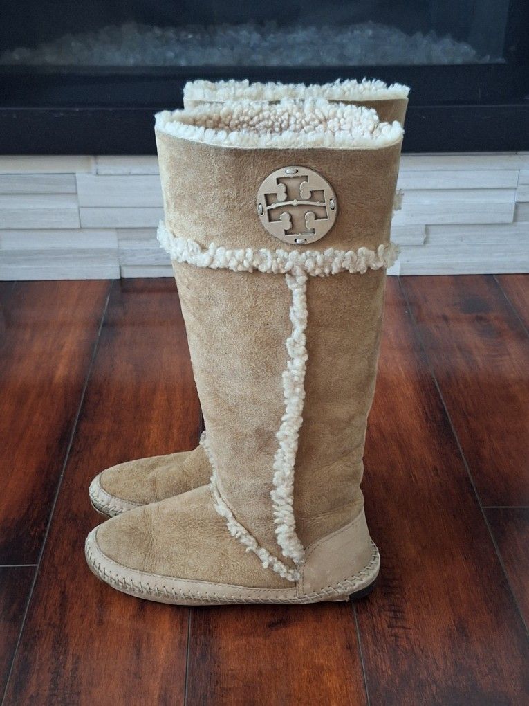 Tory Burch Camel Brown Suede Leather Shearling Lined Tall Boot 7M