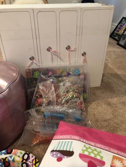 MISC GIRLS ITEMs, DOLL HOUSE, puff ottoman, the loom, three backpacks and fashion duct tape!