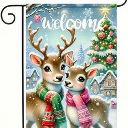 Christmas Deer Welcome Garden Flag 12x18 Inch Winter Reindeer Couple Snow Village Tree Scene Holiday Yard Banner for Outdoor Porch Patio Seasonal Deco