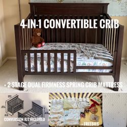 4-in-1 Convertible Crib With Double Sided Spring Crib Mattress, Conversion Kits and Freebies