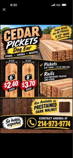 Madera de cedro para cerca de 6’ a $2.40 y 8’ a $3.70!