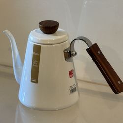 Hario Gooseneck Kettle for Pour Over Coffee Brewing. White Enamel, Natural Wood, And Stainless Steel Gooseneck Kettle